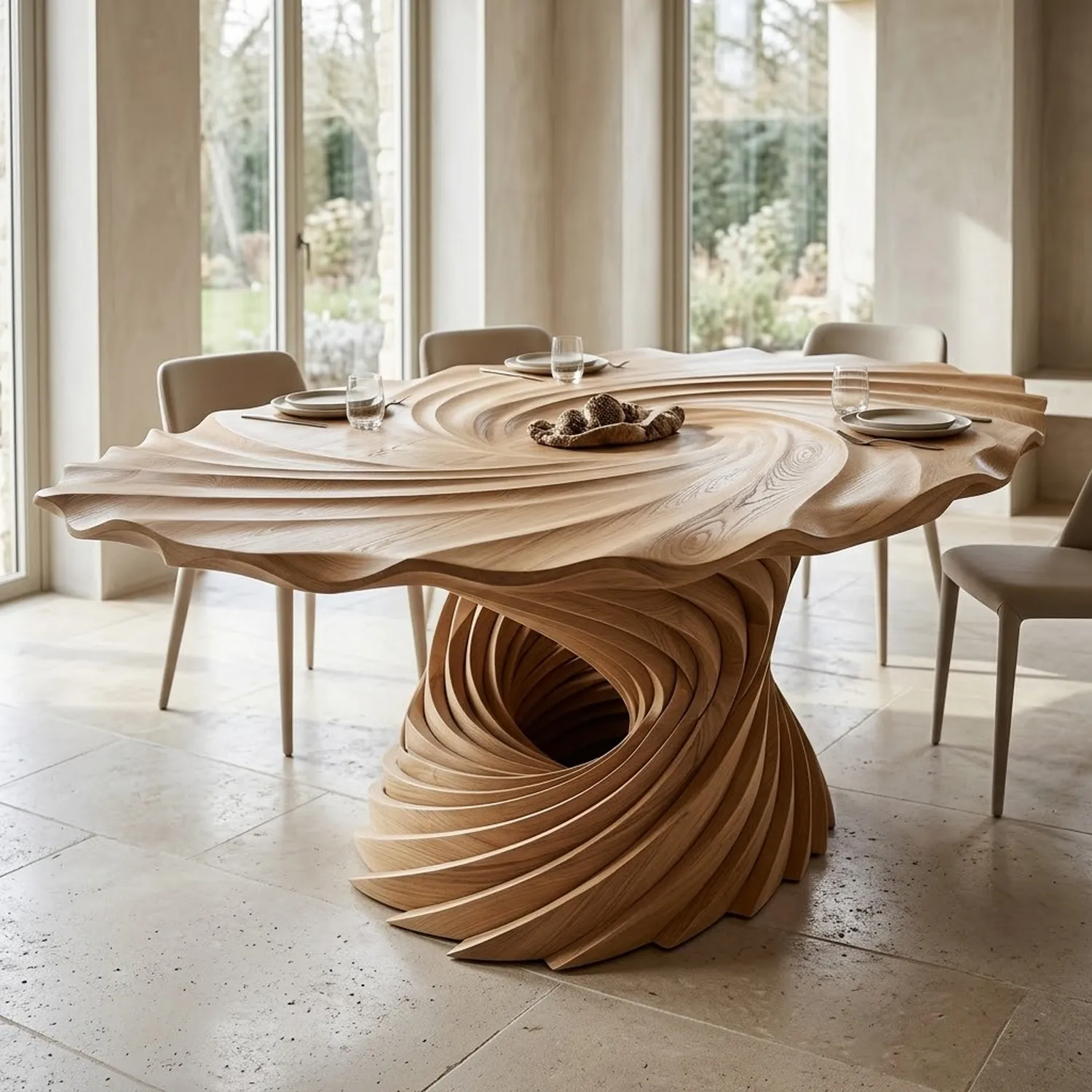 Wood Carved Tempest Dinning Table Modern Minimalist Fluid Line Living Room Styling
