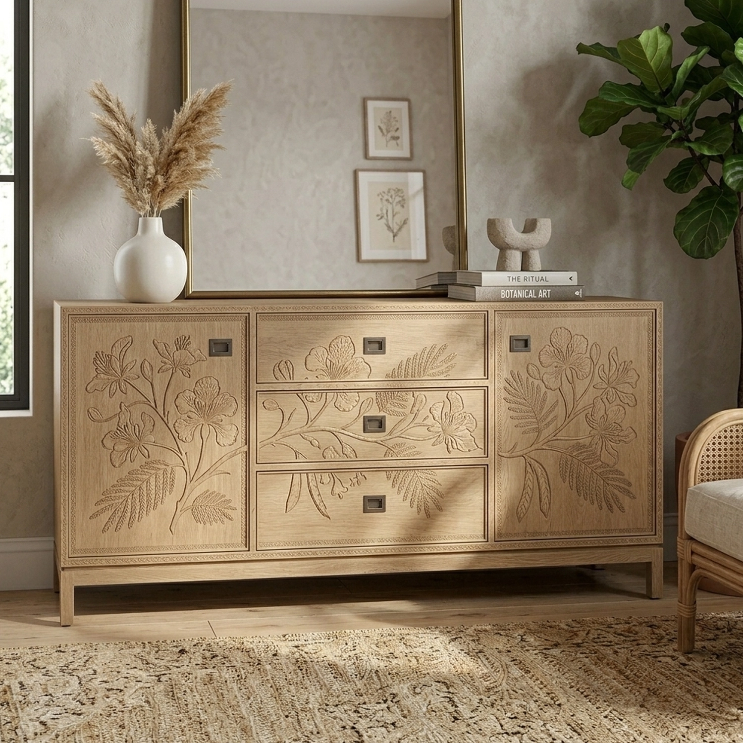Wooden Flame Blossom Cabinet Exotic Floral Silhouette Decorative Storage Chest