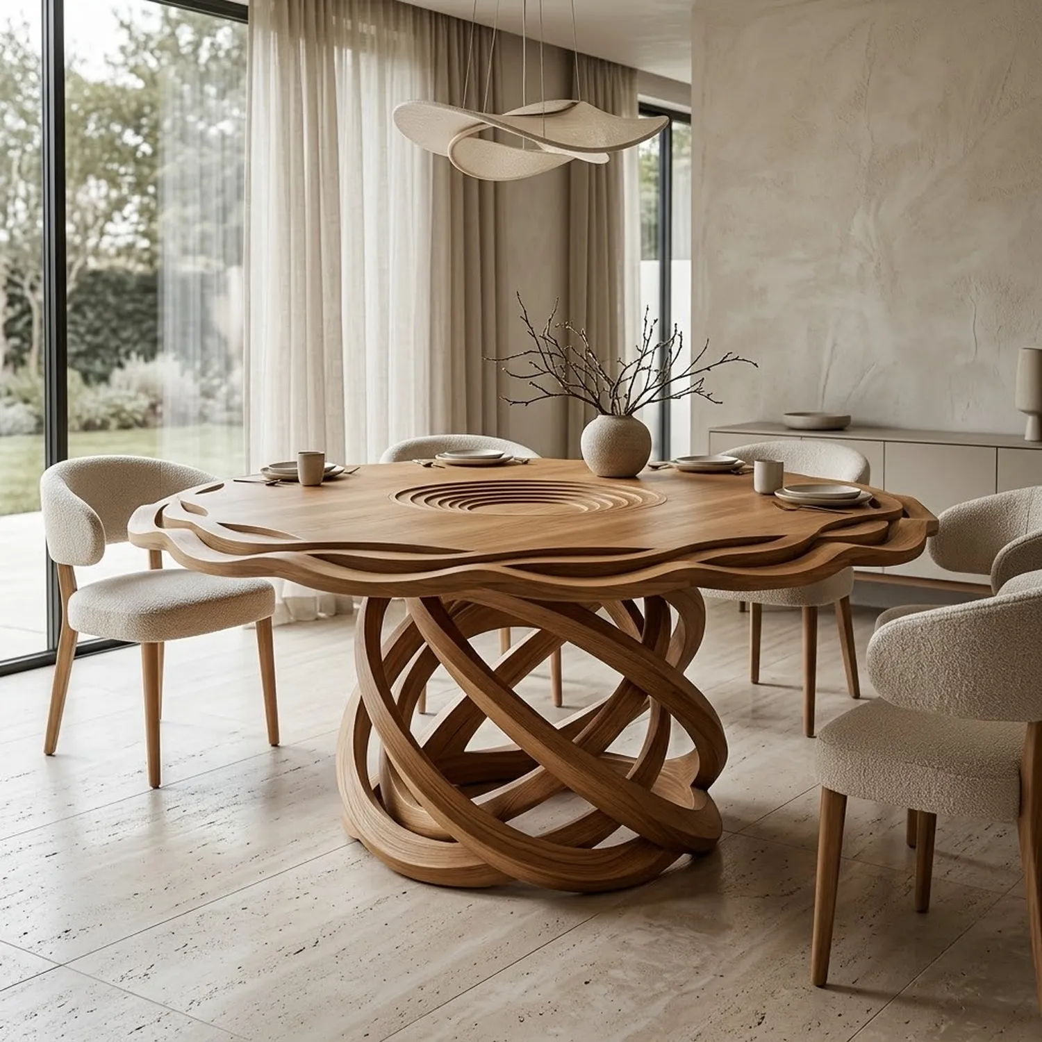 Wood Sculpted Halo Dinning Table Contemporary Architectural Geometric Flow Accent