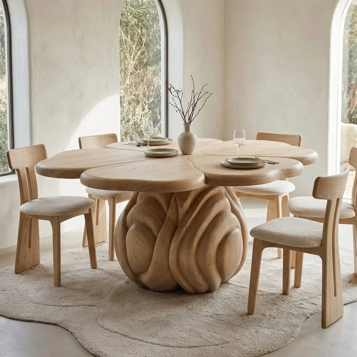 Wood Wavy Flower Dinning Table Botanical Floral Theme Avant-Garde Interior Decor