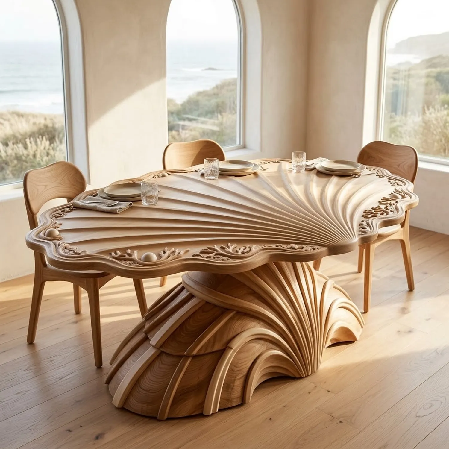 Wood Seashell Palace Dinning Table Oceanic Marine Life Luxury Living Room Feature