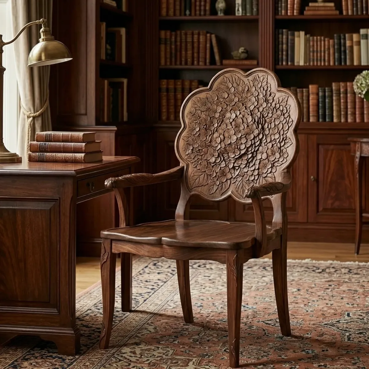Wooden Hydrangea Accent Chair Decorative Floral Shape Unique Armchair