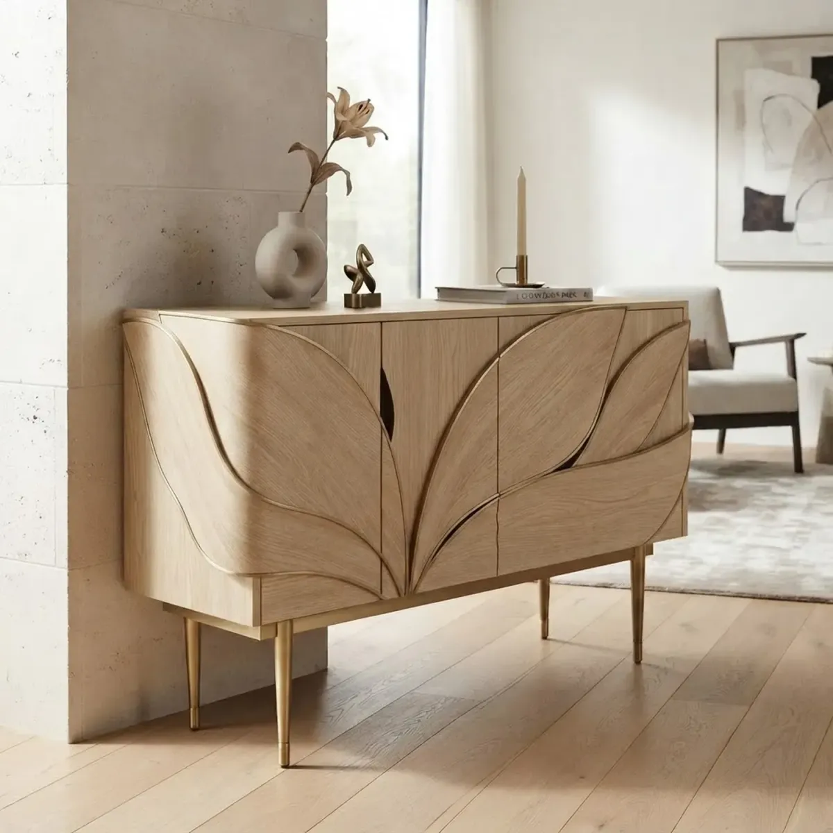 Wooden Lily Cabinet Graceful Flower Shape Wooden Furniture