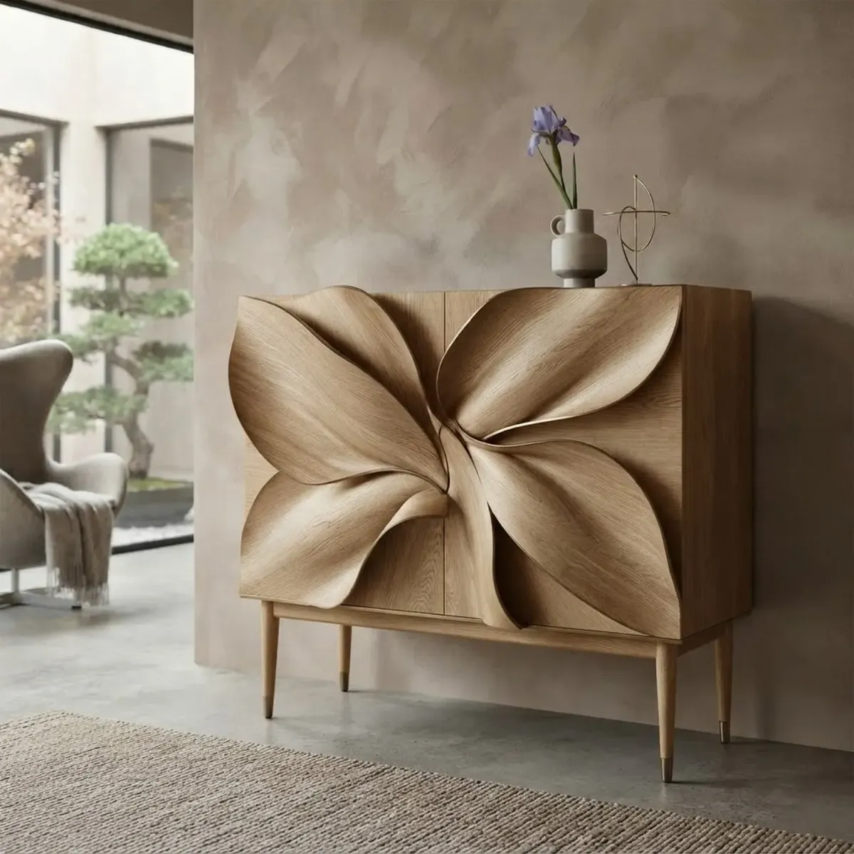Wooden Iris Cabinet Elegant Botanical Silhouette Wood Decor