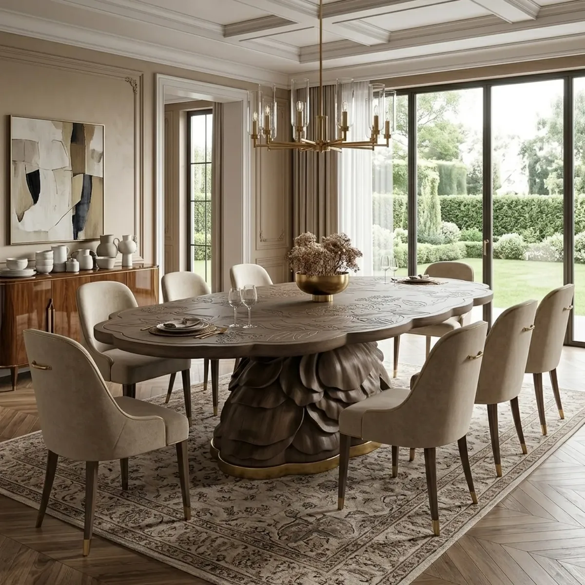 Wooden Peony Dining Table Elegant Floral Shape Luxury Kitchen Dining Table