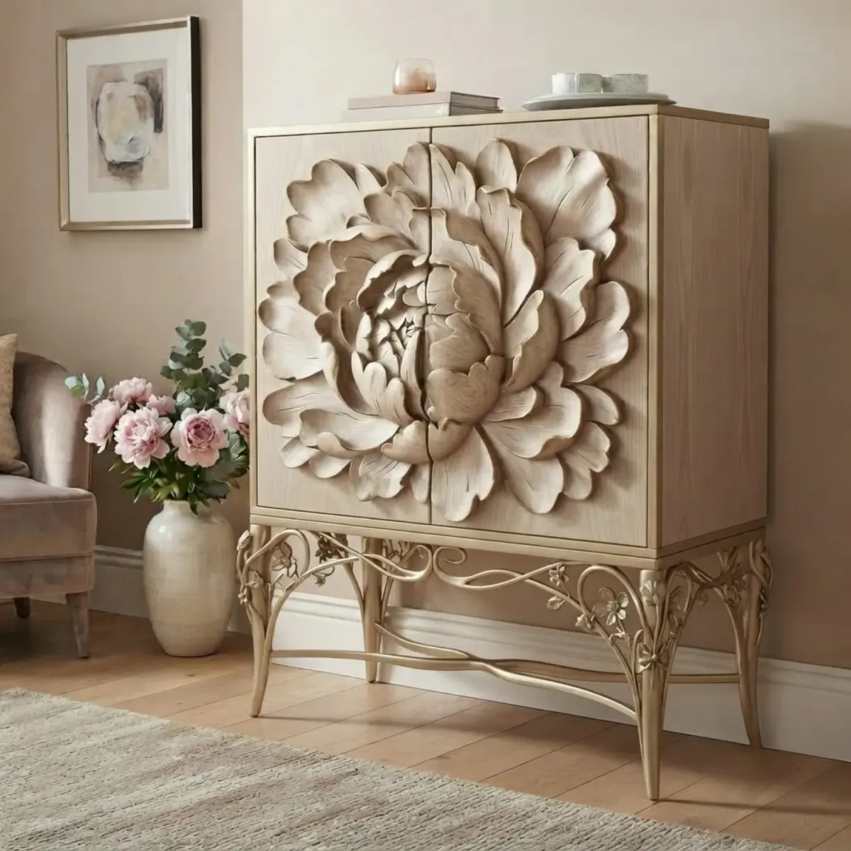 Wooden Peony Cabinet Nature Inspired Bloom Accent Storage