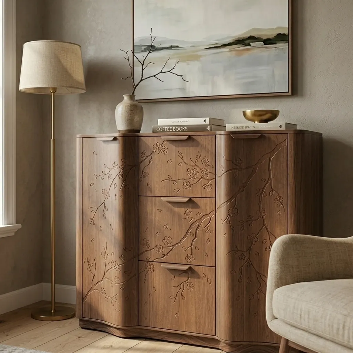 Wooden Cherry Blossom Cabinet Spring Floral Shape Elegant Accent Cabinet