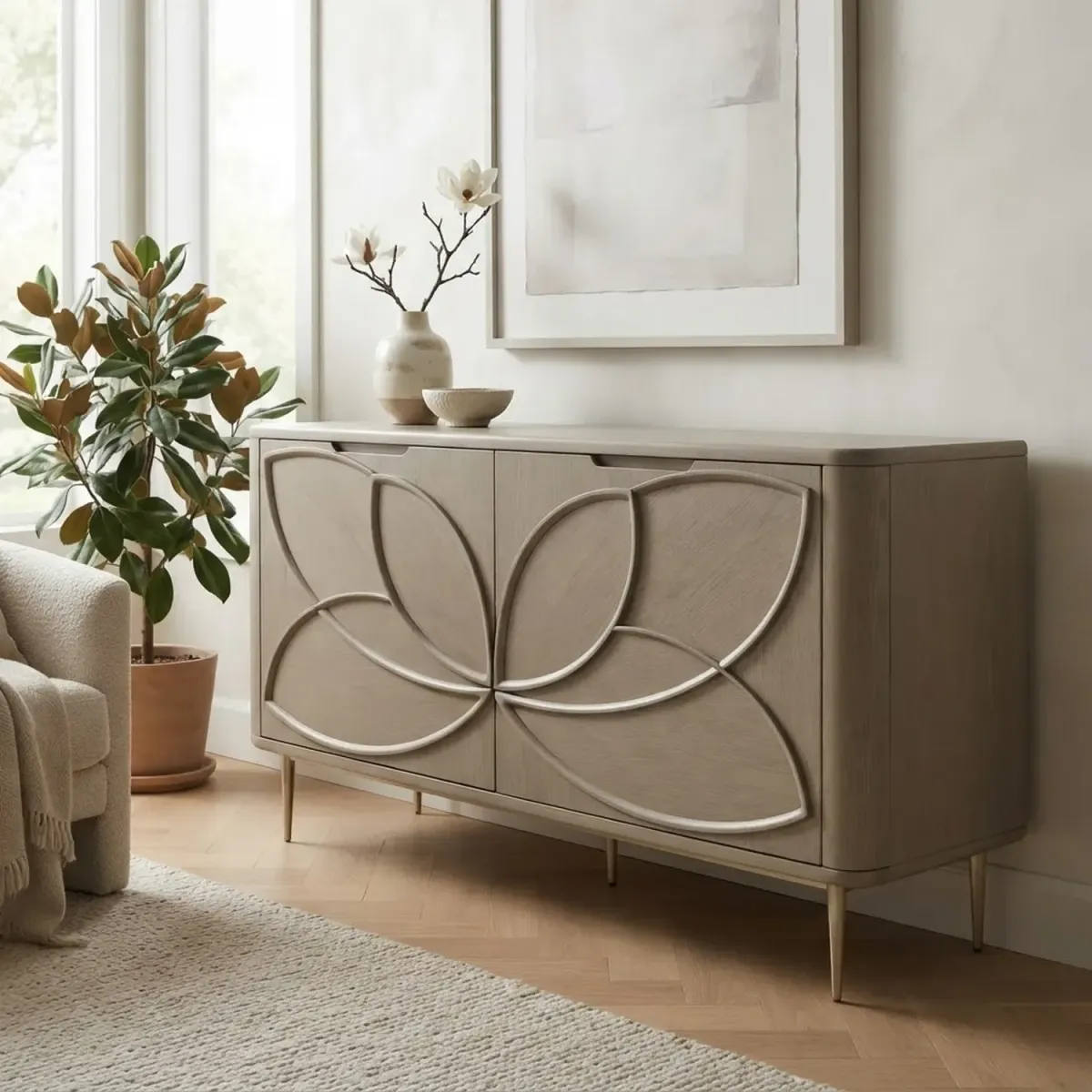 Wooden Magnolia Cabinet Exotic Floral Style Storage Cabinet