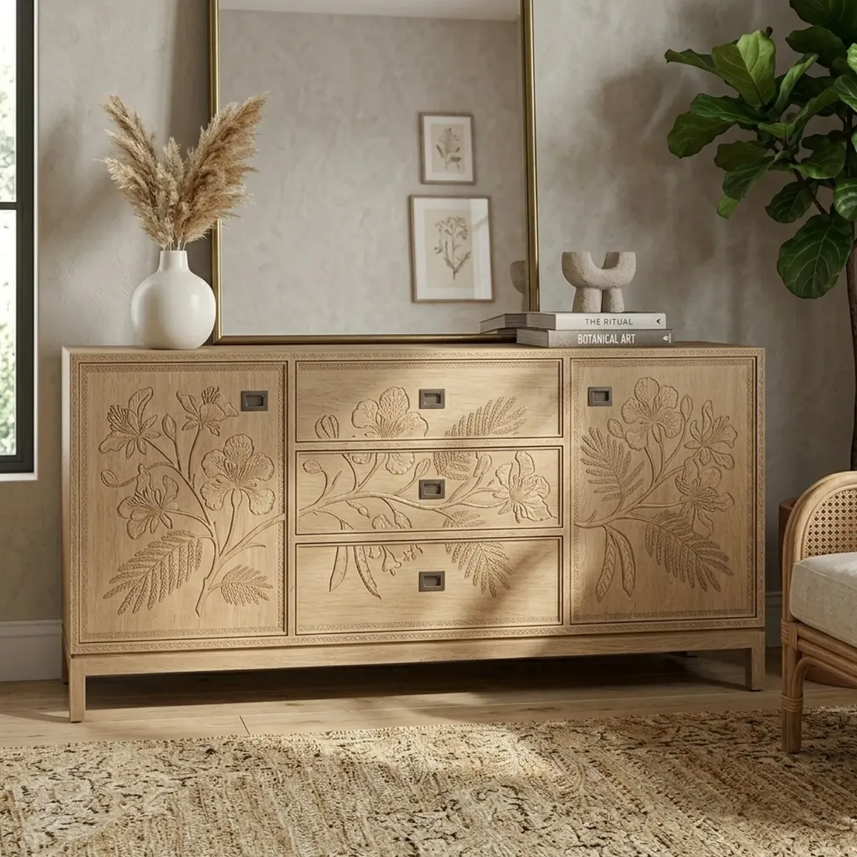 Wooden Flame Blossom Cabinet Exotic Floral Silhouette Decorative Storage Chest