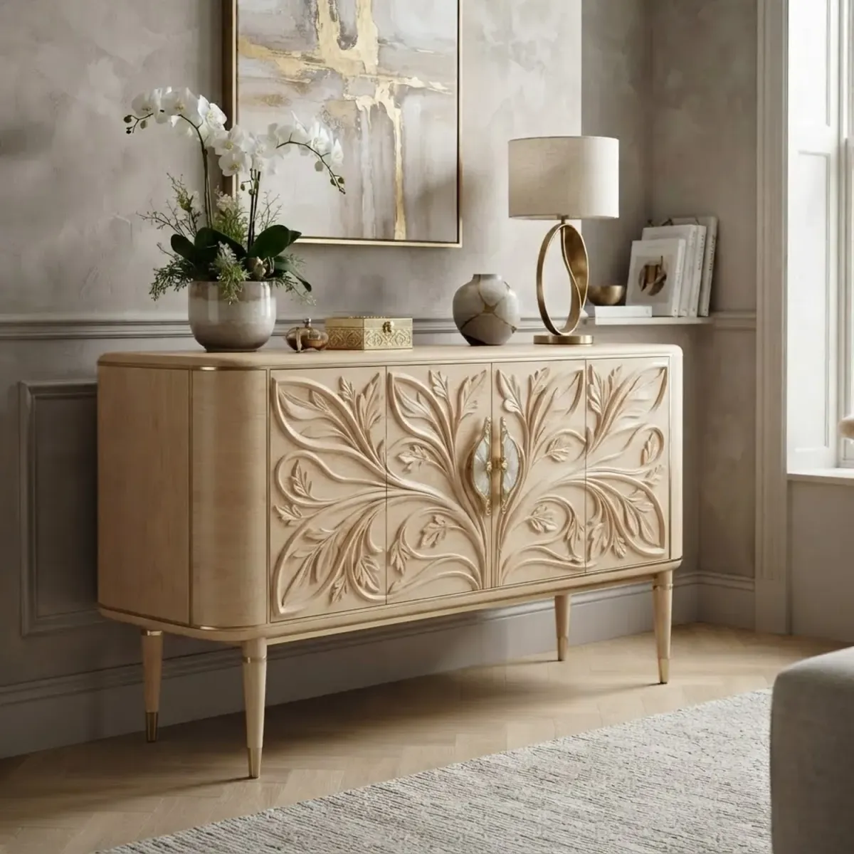 Wooden Orchid Cabinet Elegant Botanical Silhouette Storage Cabinet