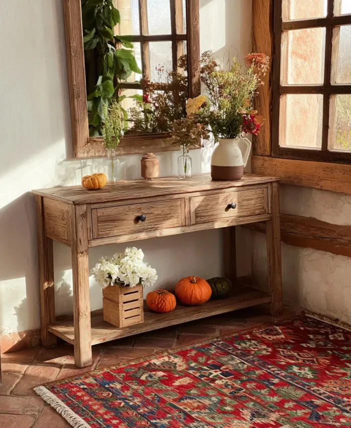 Timber Corridor Table With Pull Out Storage And Open Tier