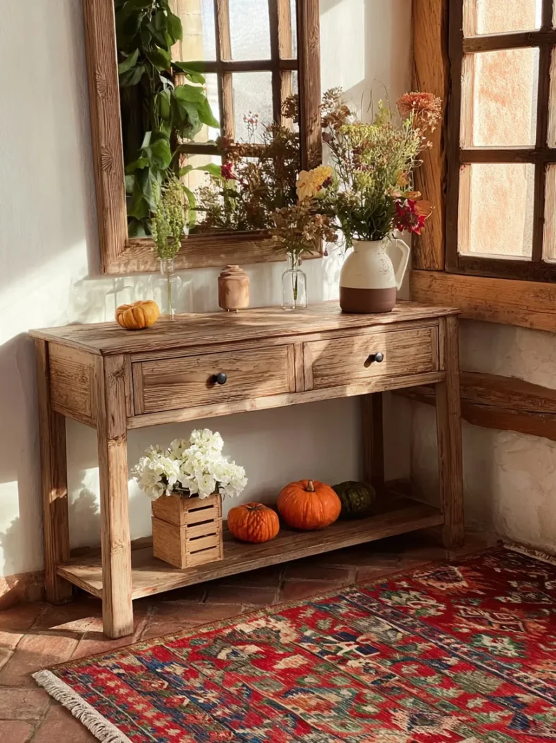 Timber Corridor Table With Pull Out Storage And Open Tier