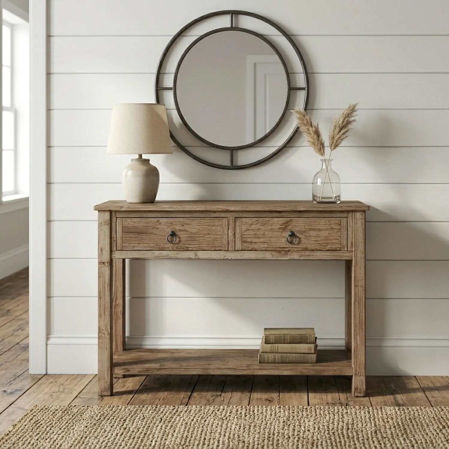 Rustic Wood Console Table Two Drawers Lower Shelf Farmhouse Entryway