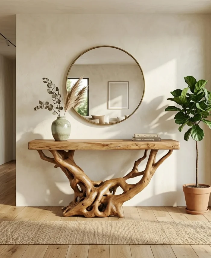 Handmade Wood Console Table Sculpted Root Base Natural Finish