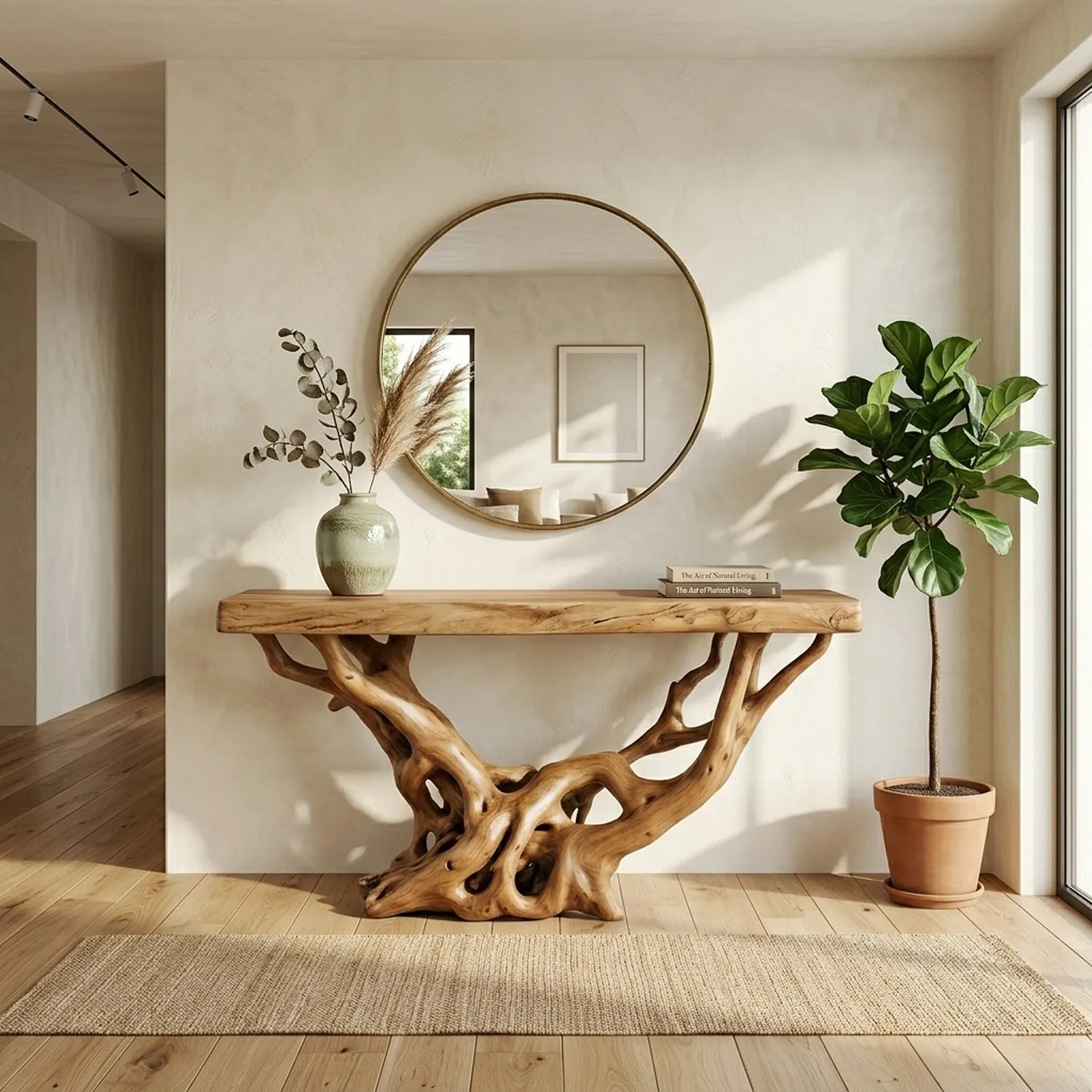 Handmade Wood Console Table Sculpted Root Base Natural Finish