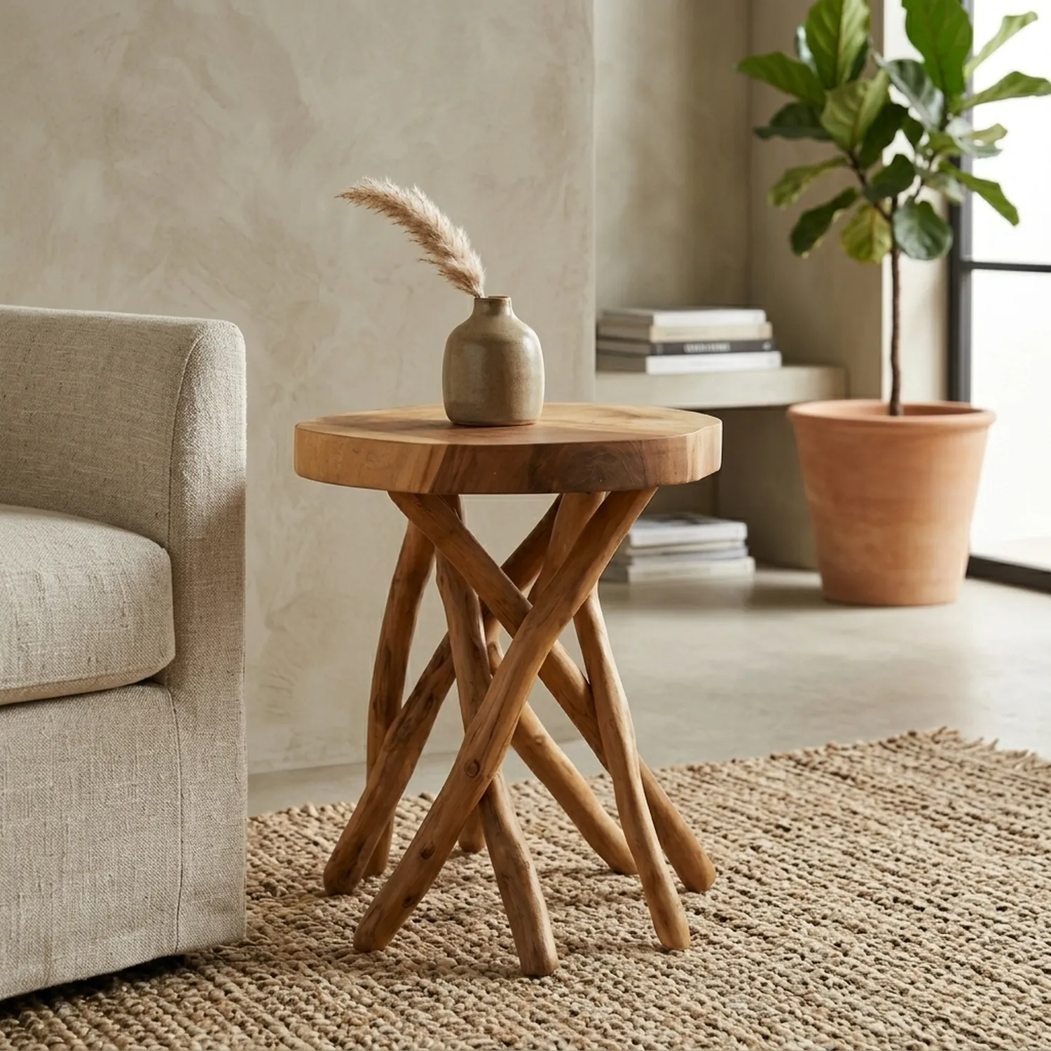 Round Wood Side Table Branch Leg Base Natural Finish