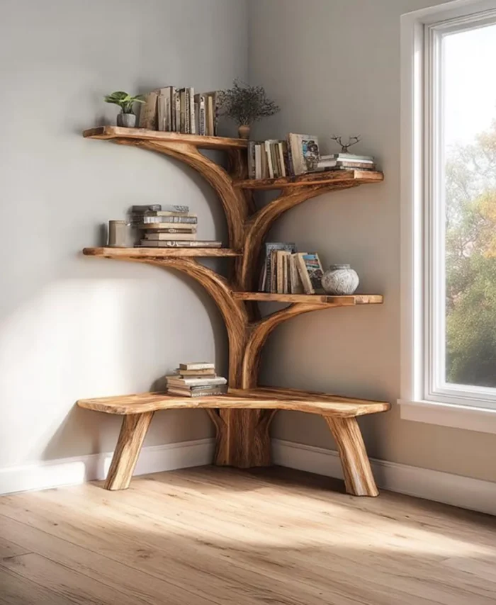 Rustic Tree Branch Corner Bench Shelf L Shaped Driftwood Wood Seat