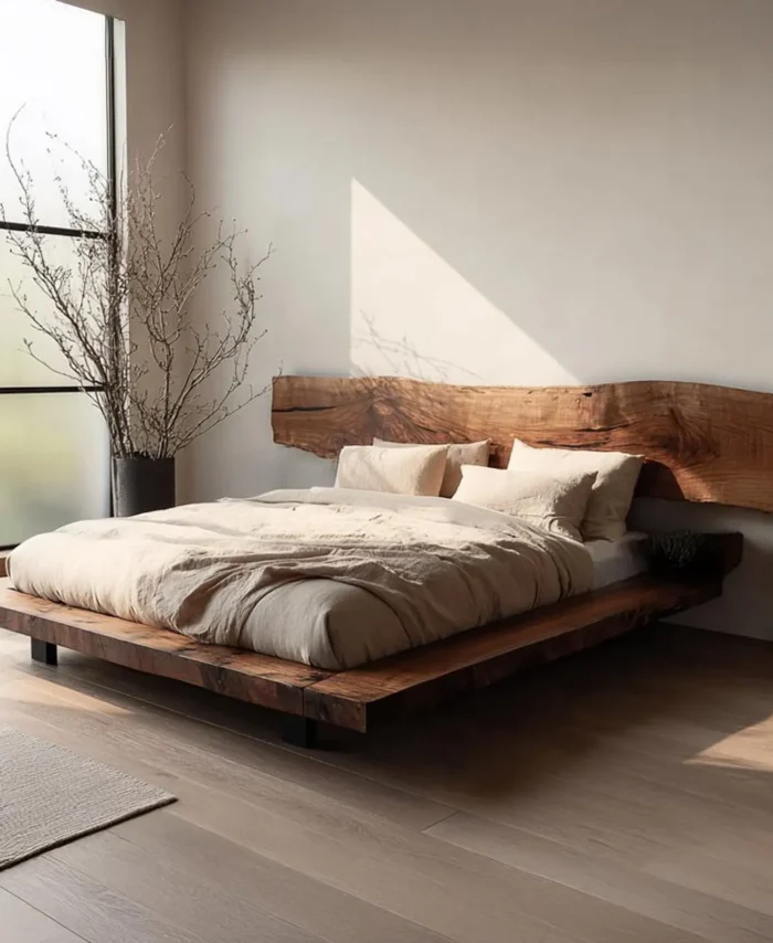 Rustic Solid Wood Platform Bed Frame With Matching Walnut Headboard