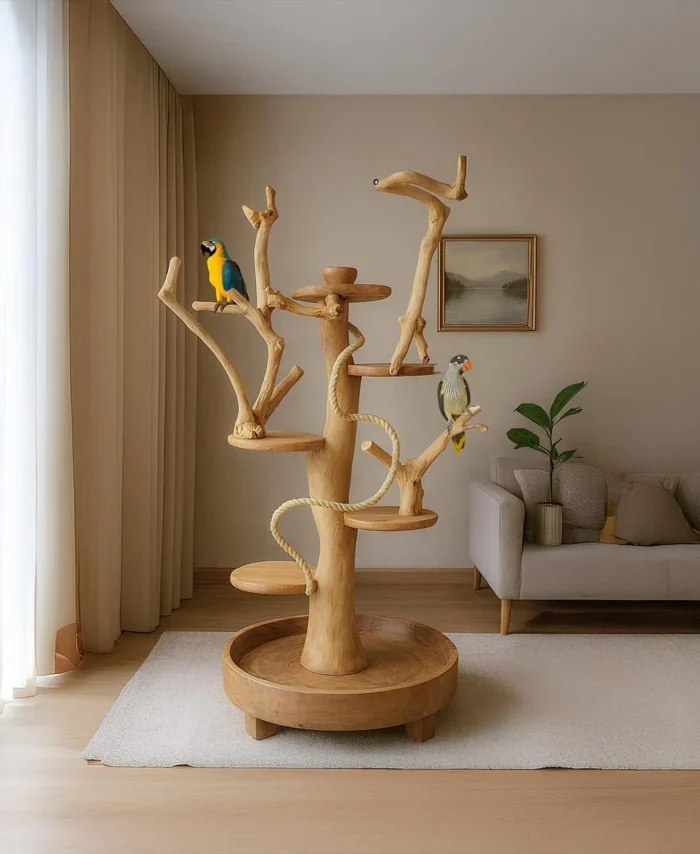 Medium Solid Wood Parrot Stand With Perches For Indoor Birds