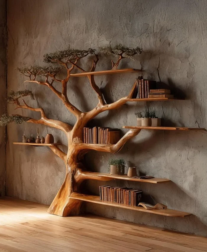Wall Mounted Tree Shape Wooden Bookshelf Rustic Natural Bookcase