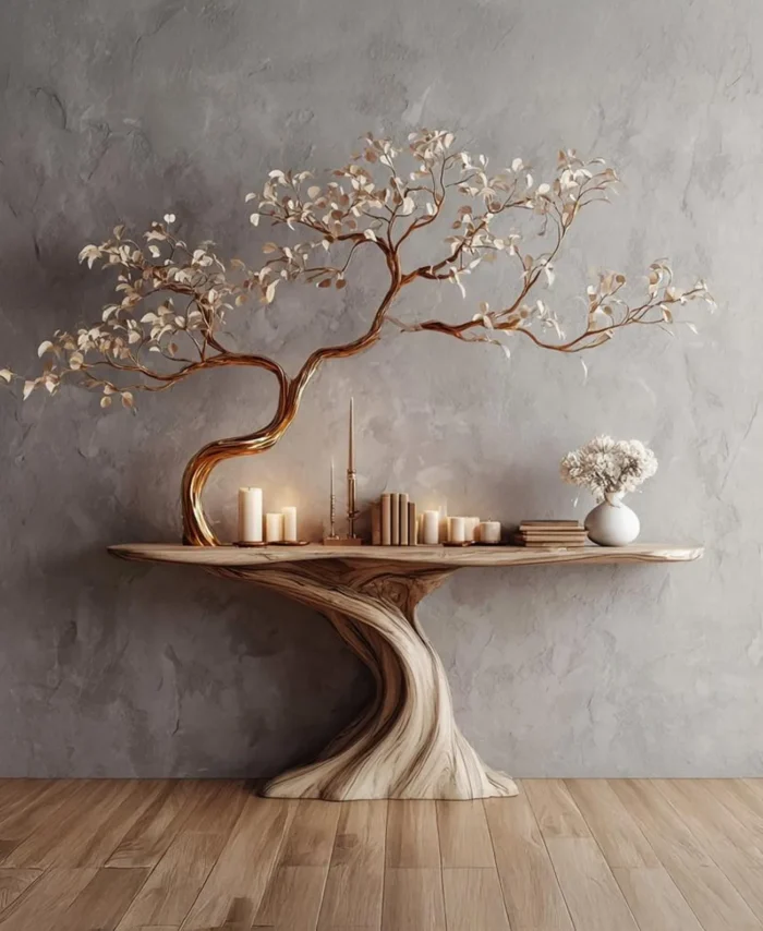 Large Reclaimed Wood Console Table With Tree Bookcase Storage