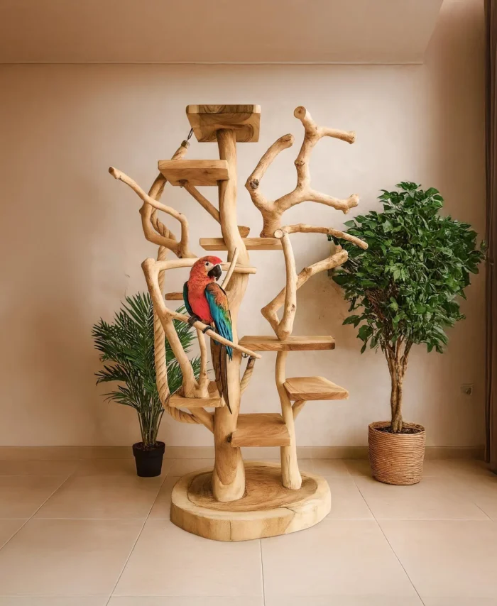 Standing Solid Wood Parrot Display Shelf Handmade Wood Grain Decor