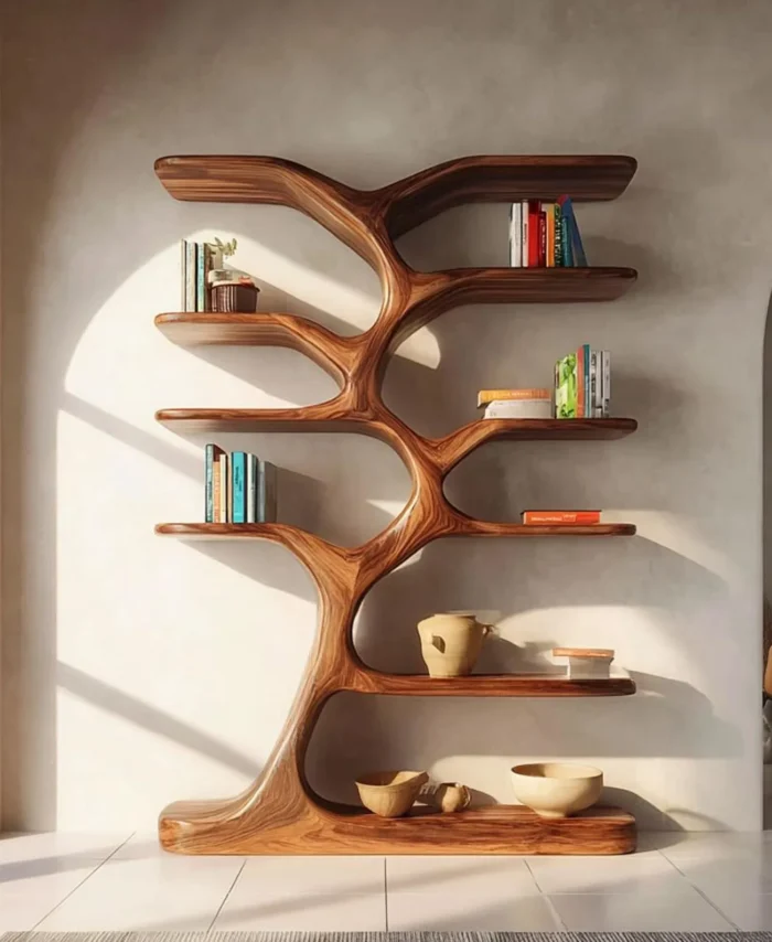 Rustic Solid Wood Tree Bookshelf With Floating Corner Branch Shelves