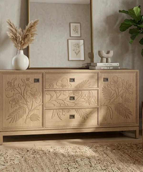 Wooden Flame Blossom Cabinet Exotic Floral Silhouette Decorative Storage Chest