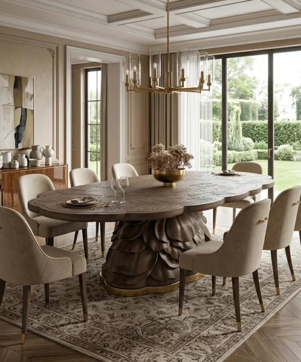 Wooden Peony Dining Table Elegant Floral Shape Luxury Kitchen Dining Table